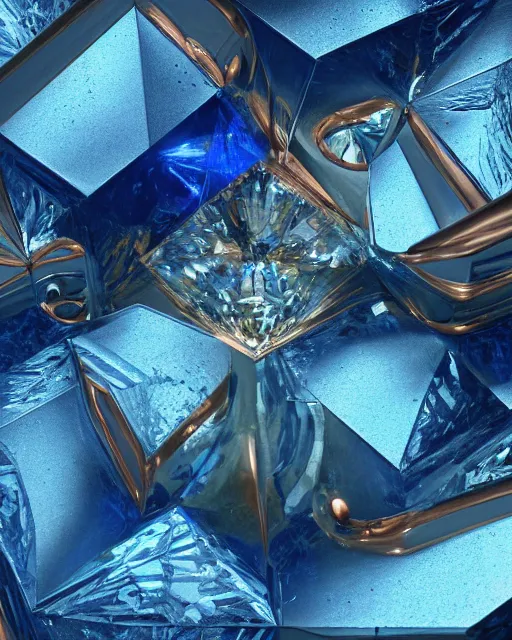 Image similar to beautiful concept art of a diamond filled with copper veins, blue translucent resin, bioluminescent, ultra realistic, ultra detailed, masterpiece by mc escher and hr giger, 8 k octane render, ambient diffusion, subsurface scattering, trending on artstation, cgstudio