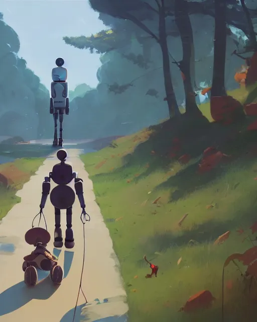 Image similar to a robot taking his dog for a stroll through nature, cory loftis, james gilleard, atey ghailan, makoto shinkai, goro fujita, character art, rim light, exquisite lighting, clear focus, very coherent, plain background, soft painting