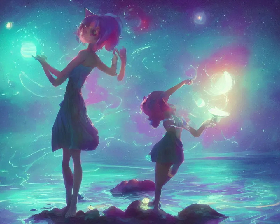Prompt: beautiful whimsical cat girl standing in a lake in the moonlight, using magic, under a multi-colored binary blackhole with an accretion disc, glowing trails following her arms, wearing professional makeup, acidwave, by Lois van Baarle, by Greg Rutkowski, by artgerm, by beeple, by studio ghibli, cinematic angle, volumetric lighting, 4k resolution, octane render, trending on artstation, masterpiece