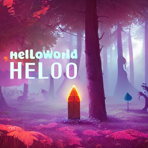 Image similar to 'Hello World' sign in a fairy forest, by Beeple, RHADS, and Greg Rutkowski, trending on artstation, unreal engine, 4k, high quality render, digital art