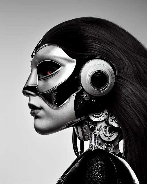 Image similar to a profile portrait, a stunning young woman - cyborg with a mutant crow head, editorial photography, bw, shot on 7 0 mm, depth of field, f / 2. 8, high contrast, 1 6 k, volumetric lighting, shiny, insanely detailed and intricate, hypermaximalist, elegant, ornate, hyper realistic, super detailed