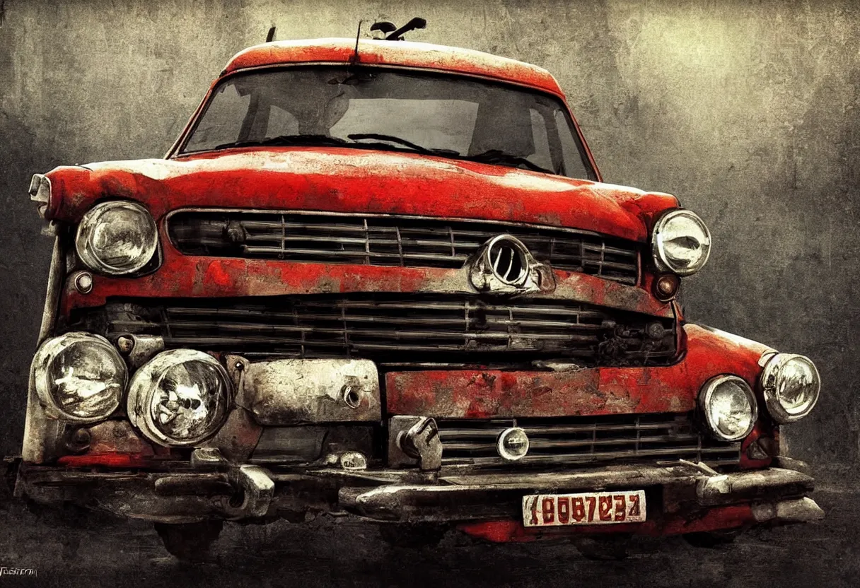 Image similar to old trabant as soviet times, aesthetic art, 8 k, high details, digital painting, concept art, matte painting, art by arstation and mimmo rottela, pixels art by paul robertson