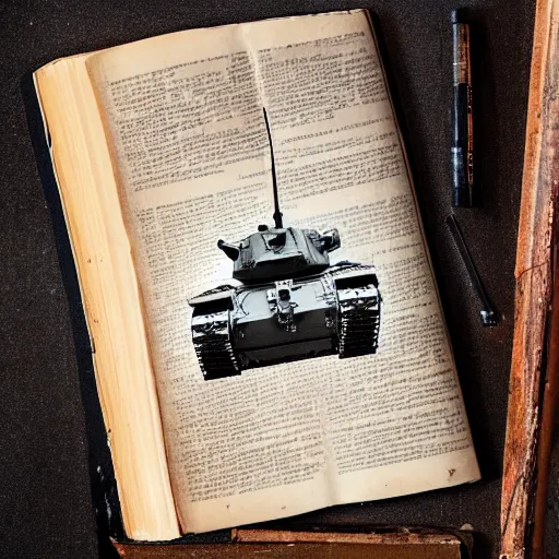 Prompt: book in the shape of a tank, photo