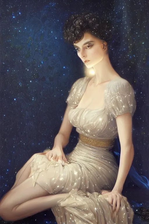 Image similar to Nocturne, glowing, stars, a long-legged elegant evil woman, highly detailed, mysterious, ethereal, dressed in midnight blue velvet, haute couture, illustration, dramatic lighting, soft details, painting, by Edmund Blair Leighton, Brom, Charlie Bowater, trending on artstation, faces by Tom Bagshaw, otto schmidt