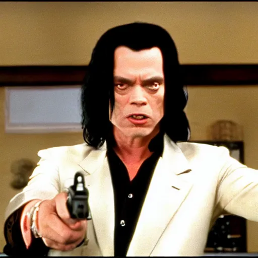 Image similar to still of tommy wiseau as vincent vega holding a gun in pulp fiction ( 1 9 9 4 ), 4 k, cinematic, film footage, screencap, by quentin tarantino