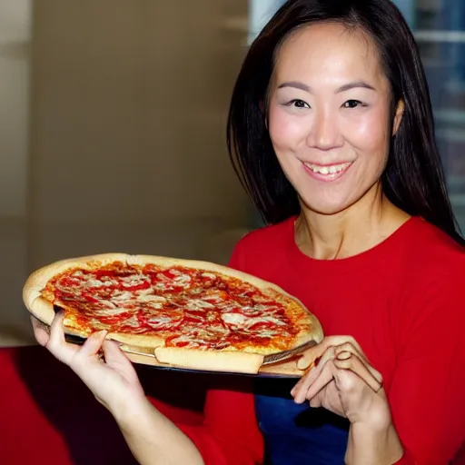 Image similar to michelle yoeh has pizza fingers