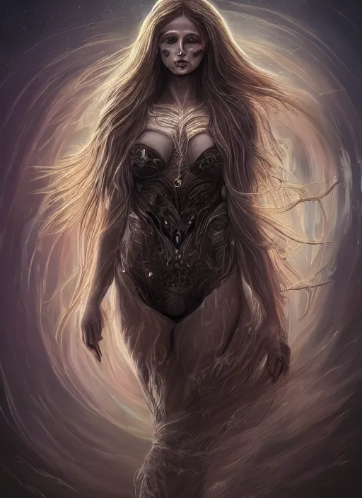 Image similar to beautiful celestial woman with long hair wrapping downward around earth, hyper-detailed, smooth, sharp focus, depth map, digital painting, apocalyptic art, fantasy dark art, 4k ultra hd, cinematic