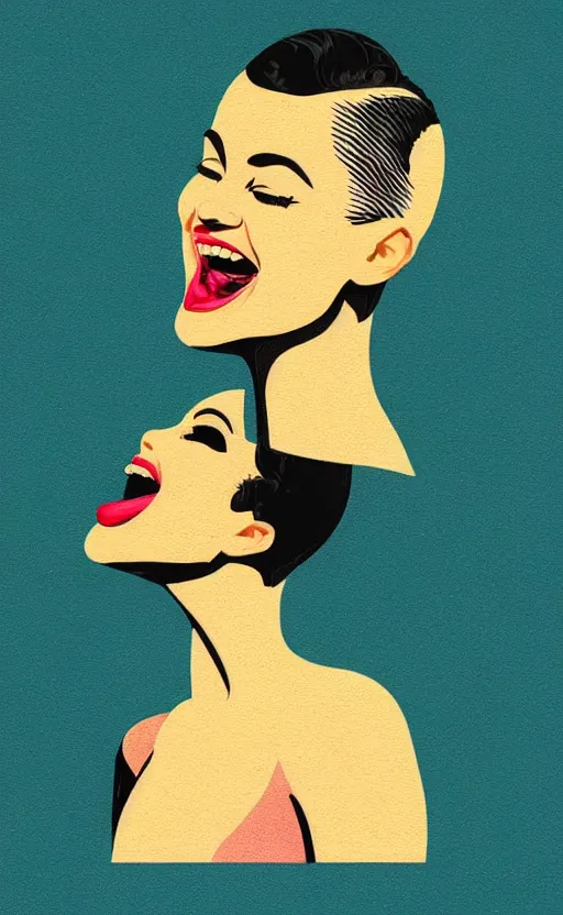 Image similar to illustration portrait of a woman with white buzzcut laughing out loud, art deco painting by tom whalen, by tomer hanukam funny meme photo, trending on behance, digital illustration, storybook illustration, grainy texture, flat shading, vector art, airbrush, pastel, watercolor, poster