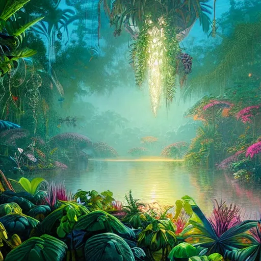 Prompt: a beautiful painting of jungle plants, flowers, river, surrounded by magical lighting, 4 k unreal engine renders, ultra - wide angle, by victo ngai, geof darrow, peter mohrbacher, johfra bosschart, thomas kinkade, hd, pastel color scheme, january, winter, evening, dusk