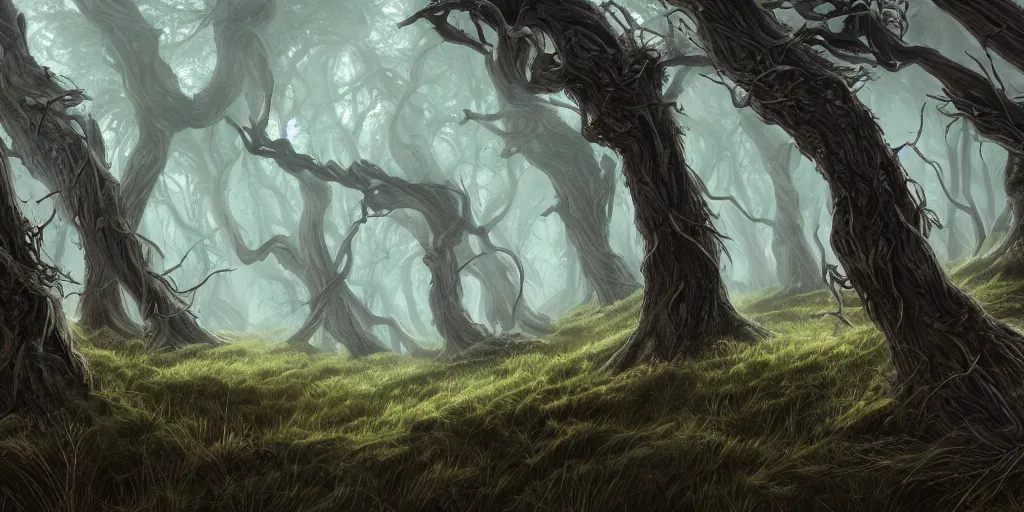 Prompt: forest of windswept windswept windswept trees, high quality fantasy art, 4k