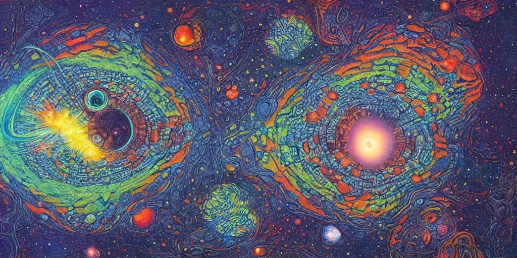 Prompt: psychedelic asteroid belt in deep space, symmetrical, detailed, by dan seagrave art and moebius