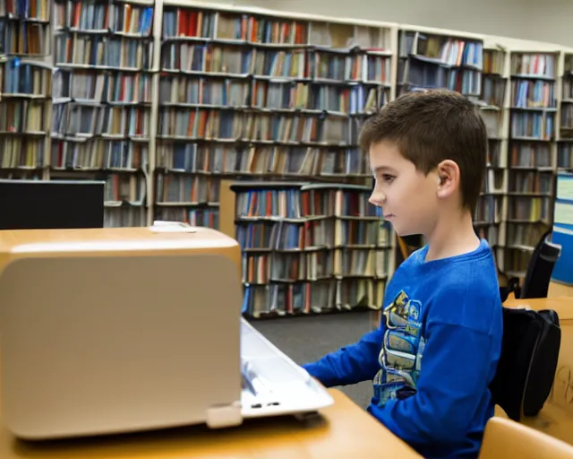 Prompt: kid at the library using the computer. there is a lurker behind his shoulder.