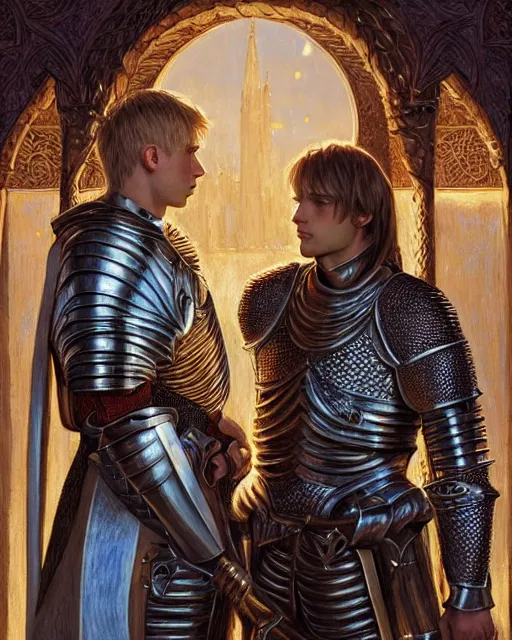 Image similar to attractive arthur pendragon confesses his love to his attractive male knight, they are close to each other, in a quiet moment highly detailed, very intricate, cinematic lighting, by donato giancola and rossdraws and magali villenueve, featured on artstation
