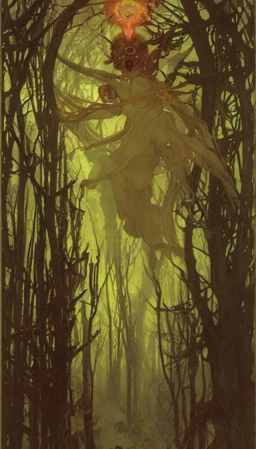 Image similar to a storm vortex made of many demonic eyes and teeth over a forest, by alfons maria mucha