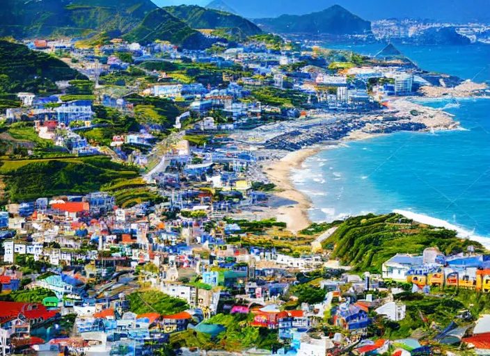 Image similar to down angled view of an anime seaside town, ocean, town, beach, hills