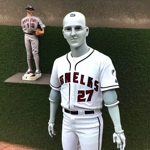 Image similar to “a realistic detailed photo of a guy who is an attractive humanoid who is half robot and half humanoid, who is a male android, baseball player Mike Trout, shiny skin, posing like a statue, blank stare, on the baseball field, on display”