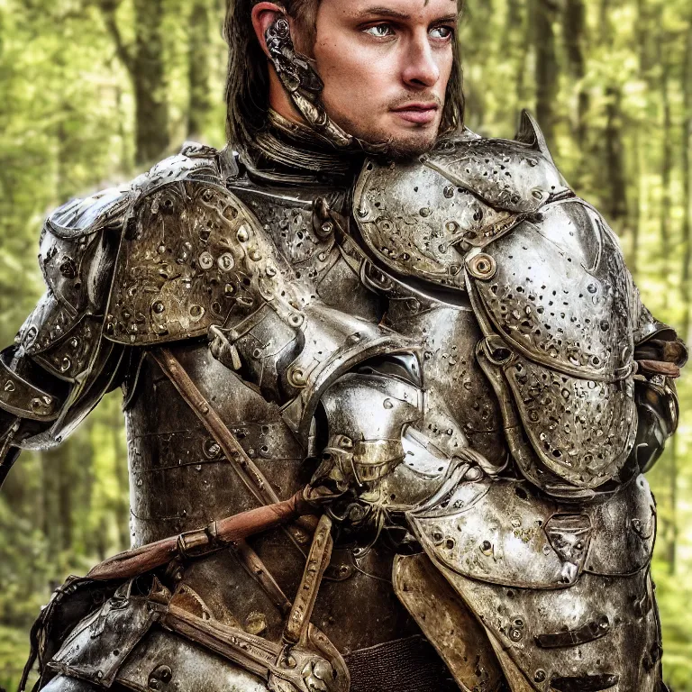 Image similar to portrait photo of an armoured male warrior, in a forest, medieval style, highly detailed, digital painting, smooth, sharp focus, 8 k. lifelike. soft light. nikon d 8 5 0