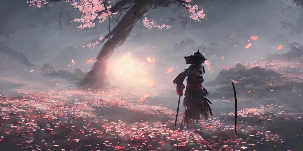 Image similar to an environmental concept art of ghost of tsushima, samurai duel, sakura petals blowing in the wind, highly detailed, environmental light, cinematic by francis tneh