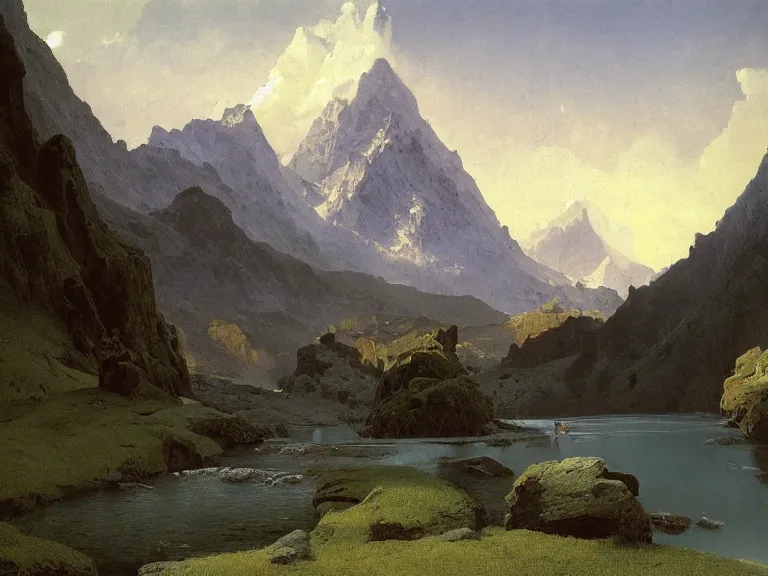 Image similar to an oil painting of an alpine river and a distaint mountain on a beautiful morning by beksinski carl spitzweg and tuomas korpi. baroque elements, full-length view. baroque element. intricate artwork by caravaggio. Trending on artstation. 8k