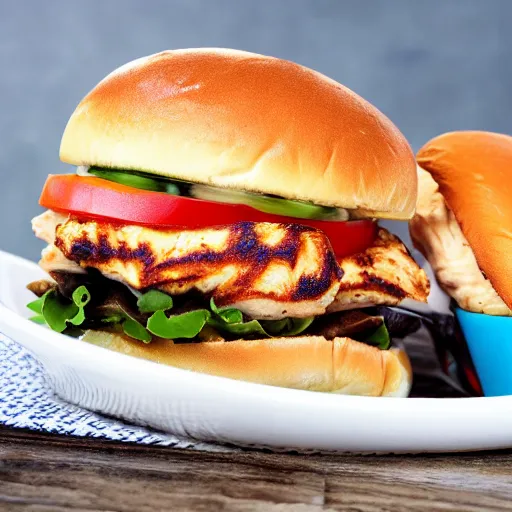 Image similar to Chicken Sandwich made to look like American Flag, food photography