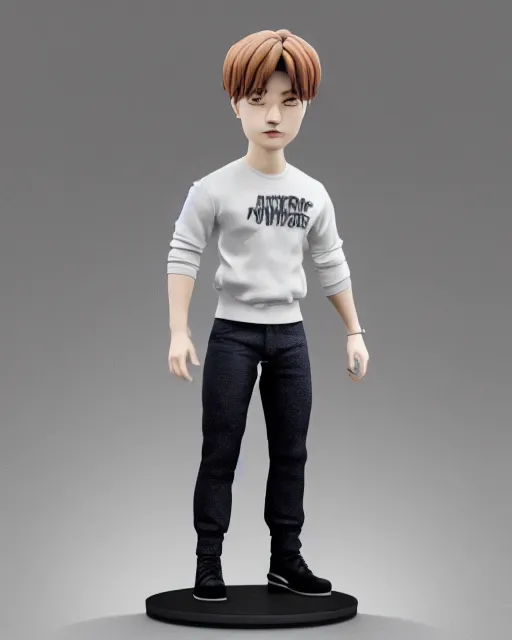 Image similar to full body 3d render of Park Jimin as a bobble head, studio lighting, white background, blender, trending on artstation, 8k, highly detailed , intricate details