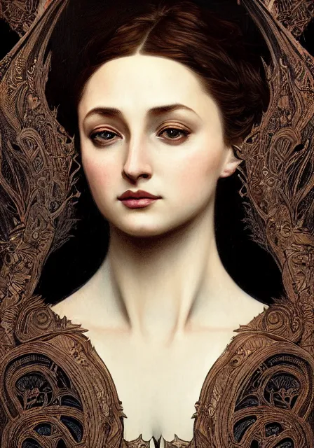 Image similar to portrait of dark sansa monster, intricate, elegant, highly detailed, digital painting, artstation, concept art, smooth, sharp focus, illustration, art by artgerm and greg rutkowski and alphonse mucha and william - adolphe bouguereau