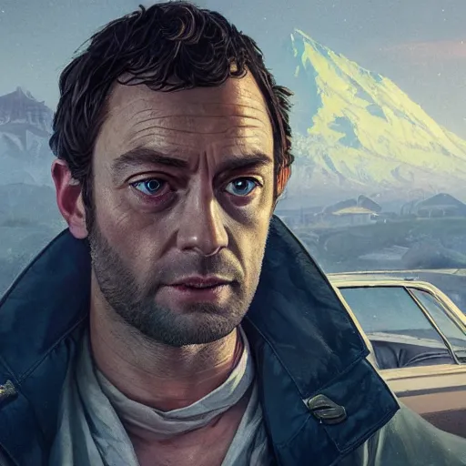 Image similar to highly detailed portrait, jude law as dombledor, in gta v, stephen bliss, unreal engine, fantasy art by greg rutkowski, loish, rhads, ferdinand knab, makoto shinkai and lois van baarle, ilya kuvshinov, rossdraws, tom bagshaw, global illumination, radiant light, detailed and intricate environment