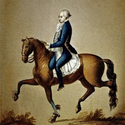 Prompt: Mozart riding a horse.