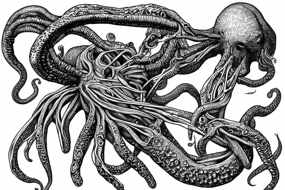 Prompt: Medical illustration of a Cthulhu's anatomy, with labels. High quality, highly detailed, professional medical illustration.