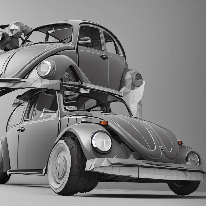 Image similar to a low poly render of a VW Beetle on a bookshelf, octane render, unreal engine 5, high quality