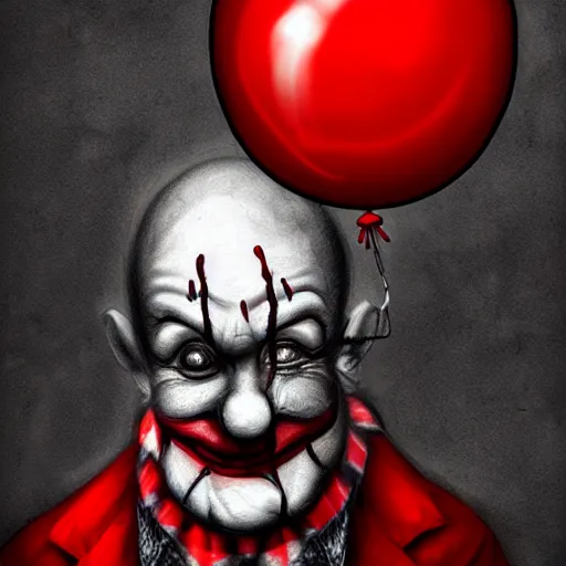 Prompt: surrealism grunge cartoon portrait sketch of clown with a wide smile and a red balloon by - michael karcz, loony toons style, freddy krueger style, horror theme, detailed, elegant, intricate
