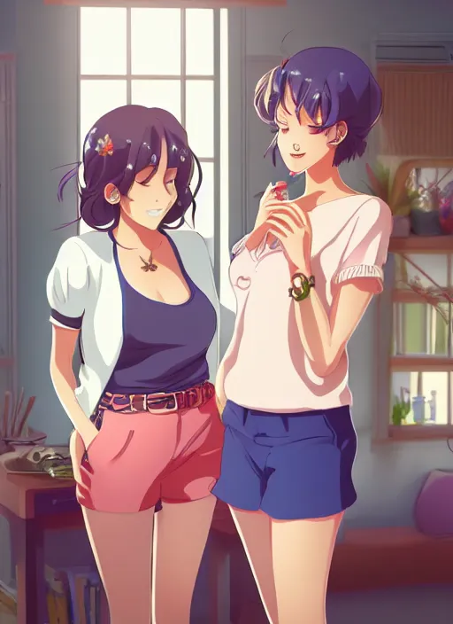 Image similar to two beautiful mature women in a summer home, casual summer clothes, gorgeous faces, thick lines, cinematic lighting, detailed anime art