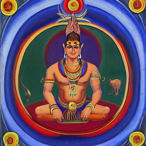 Image similar to silvio berlusconi avatar of the god shiva, traditional vedic painting, the wheel of samsara is visible