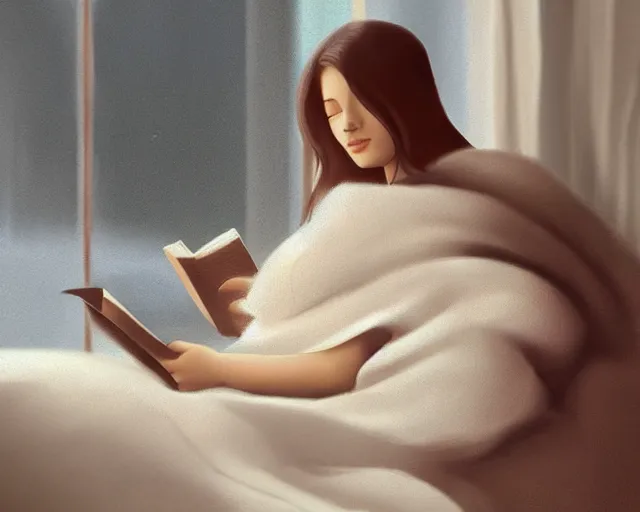 Image similar to a realistic beautiful warm matte painting of a woman curled up with a blanket reading a good book next to her friendly cat who is purring with eyes closed. they are both sitting next to a window as the sun sets in winter, by ilya kuvshinov, crisp, detailed, trending on artstation