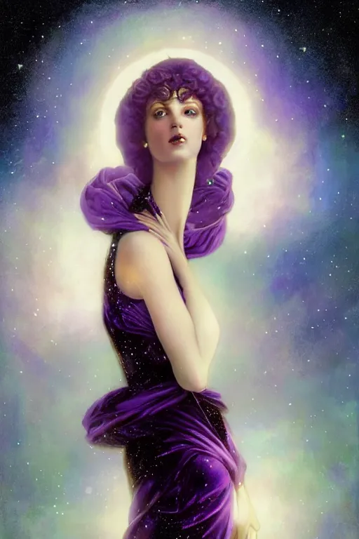 Image similar to Nocturne, glowing, stars, a long-legged elegant evil woman, highly detailed, mysterious, ethereal, dressed in ultra violet velvet, haute couture, illustration, dramatic lighting, soft details, painting, by Edmund Blair Leighton, Brom, Charlie Bowater, trending on artstation, faces by Tom Bagshaw, otto schmidt