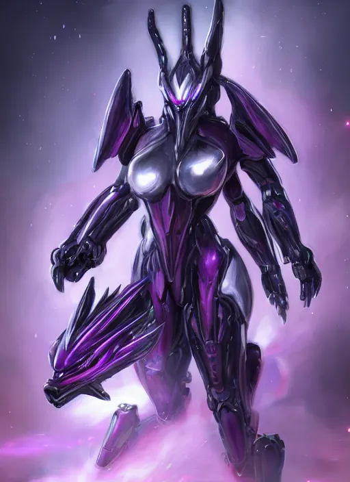 Image similar to cinematic body shot, cosmic beautiful stunning giant robot mecha hot female dragon goddess, sharp sleek cyborg dragon head, sharp metal ears, smooth purple eyes, smooth fuschia skin, smooth silver armor, nebula size, epic proportions, epic scale, macro furry, furry art, dragon art, goddess art, giantess art, warframe, warframe fanart, furaffinity, octane