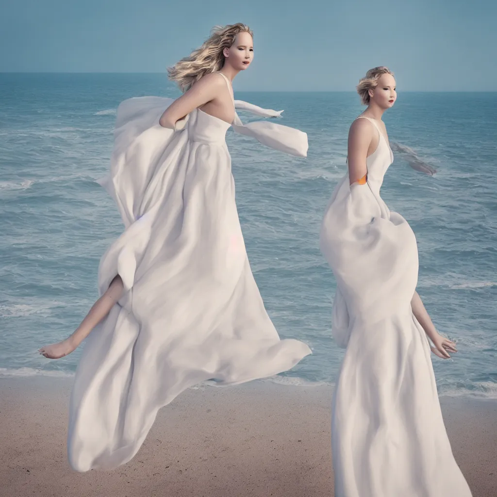 Image similar to a portrait photography of Jennifer Lawrence dress in white by Flora Borsi, with the sea behind, soft sunset lighting, pastel colors scheme, fine art photography, dramatic backgroung, 100 mm sigma art