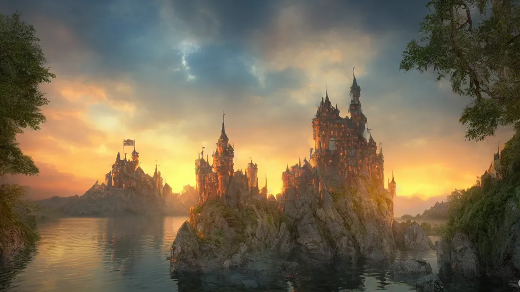 Image similar to fantasy castle with lake in sunset, fantasy artwork, very very very beautiful scenery, hd, hdr, ue5, ue6, unreal engine 5, cinematic 4k wallpaper, 8k, ultra detailed, high resolution, artstation, award winning