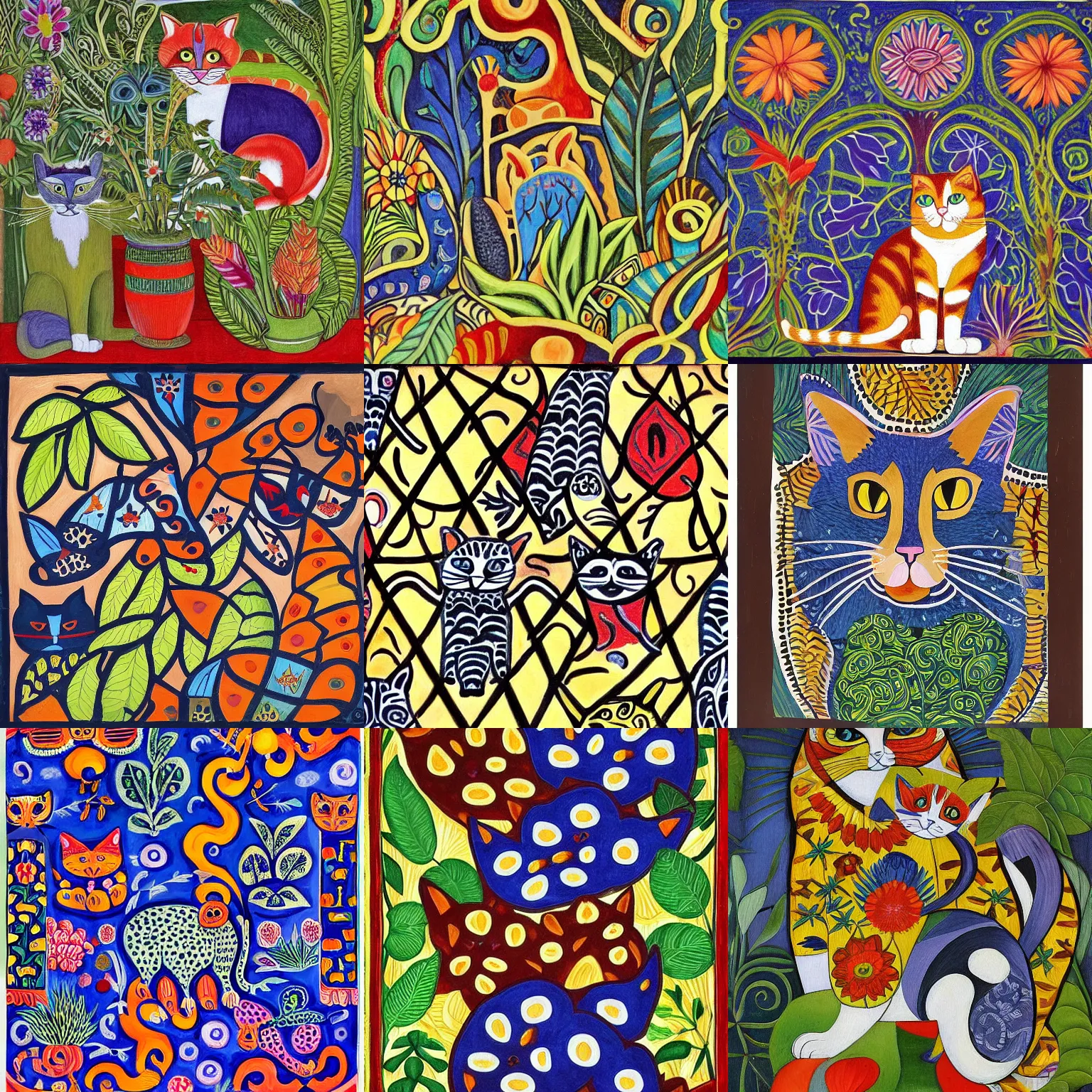 Prompt: cats and plants, painted by Laurel Burch, intricate patterns, decorated, patterned, by Raphael, by Caravaggio, renaissance oil painting, old masters