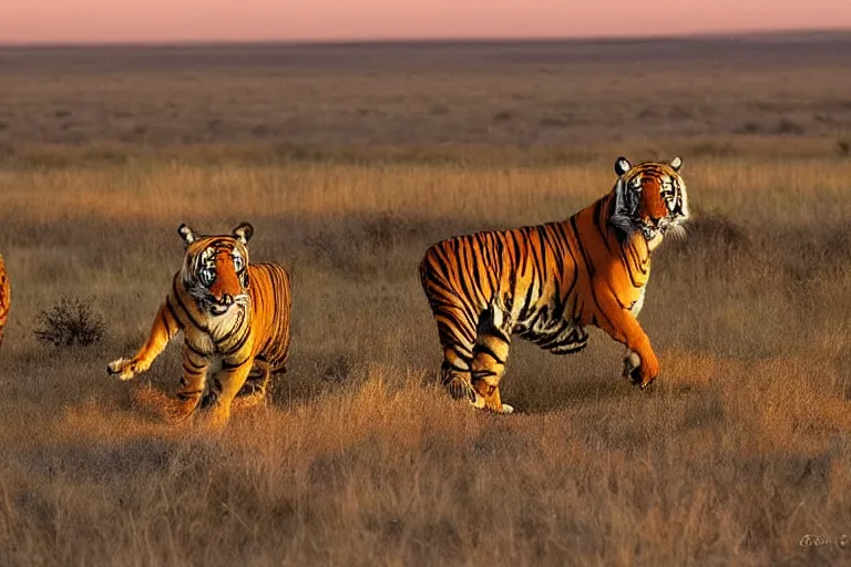 Image similar to tiger in the left, antelope in the right, the antelope is chasing the tiger, golden hour, 6 0 0 mm, wildlife photo, national geographics