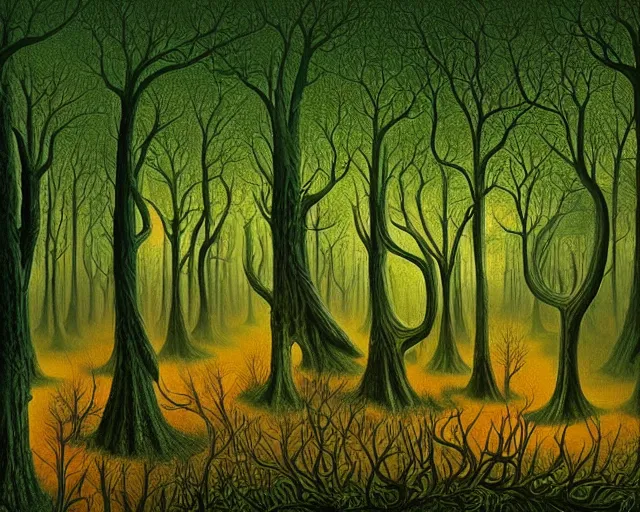 Image similar to fractal acid trip forest by vladimir kush and giger