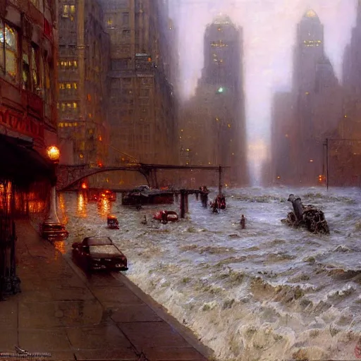 Image similar to the sea flooding the entire city of modern new york. you can see the water entering buildings highly detailed painting by gaston bussiere, craig mullins, j. c. leyendecker