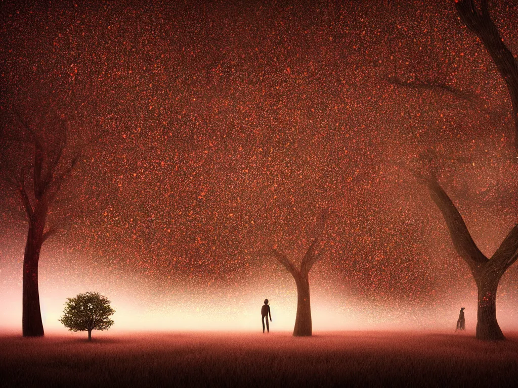 Prompt: aa glistening tree of dreams with shimmering light and internal glow, beautiful deep color, pixie dust around tree, person standing and watching it in silhouette , octane render, unreal engine