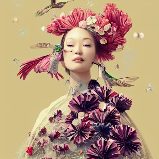 Image similar to 3 / 4 view of a beautiful girl wearing an origami dress, eye - level medium shot, fine floral ornaments in cloth and hair, hummingbirds, elegant, by eiko ishioka, givenchy, tran nguyen, by peter mohrbacher, centered, fresh colors, origami, fashion, detailed illustration, vogue, high depth of field, japanese, reallusion character creator