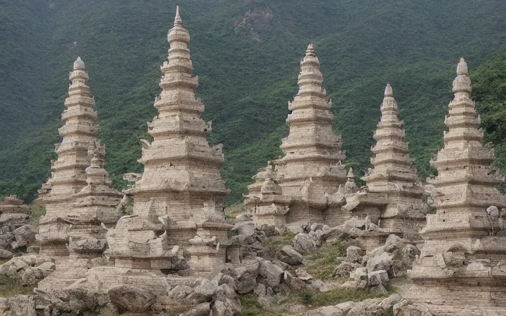 Prompt: twin chinese buddhist pagodas made of stone in a beautiful chinese landscape by michael whelan,