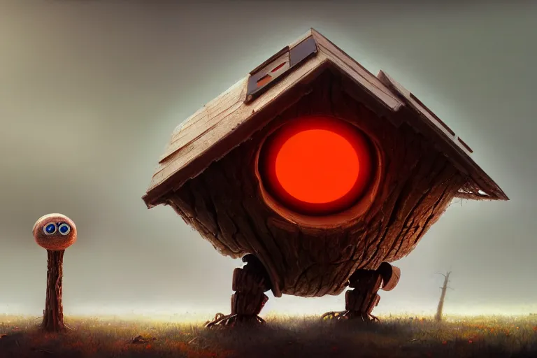 Image similar to a walking wood house with two mechanical legs and two glowing eyes, rust, hyperrealistic, pareidolia, highly detailed, cinematic, single ray of sun, fog, beautiful, cgssociety, artstation, 8 k, oil painting