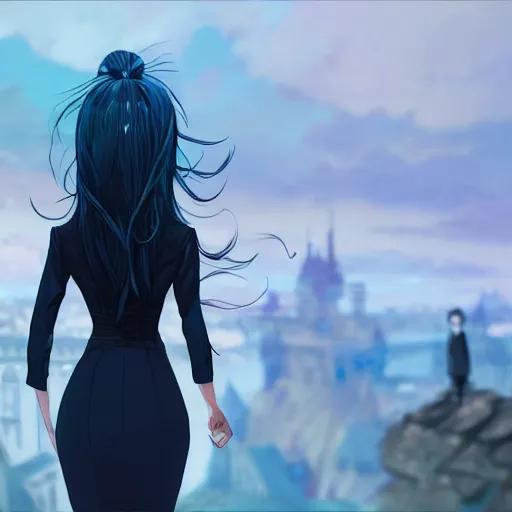 Image similar to low - angle shot from behind of a long blue - haired girl in a tailcoat overlooking noxus, noir, screenshot, sharp focus, intricate, illustration, cell shaded, digital painting, highly detailed, straight hair, art by ilya kuvshinov, wlop, greg rutkowski, studio quality, james jean