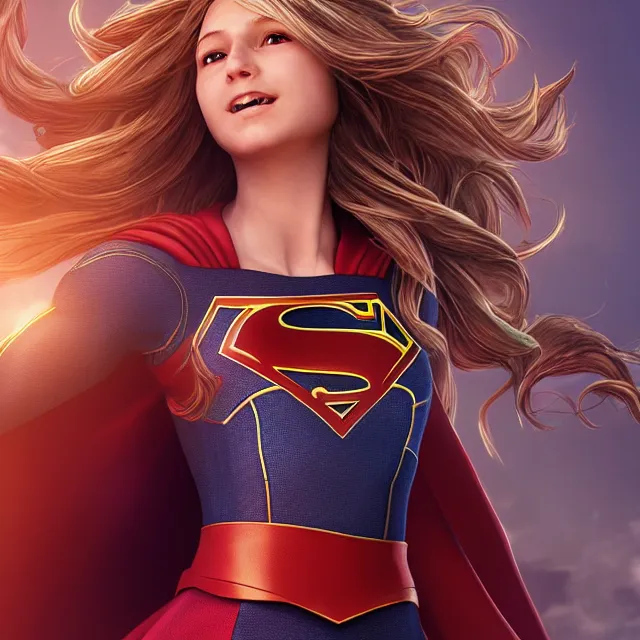 Image similar to supergirl, centred, very long hair, hd, hyperdetailed illustration by irakli nadar, intricate linework, bright colors, octopath traveler, final fantasy, unreal engine 5 highly rendered, global illumination, radiant light