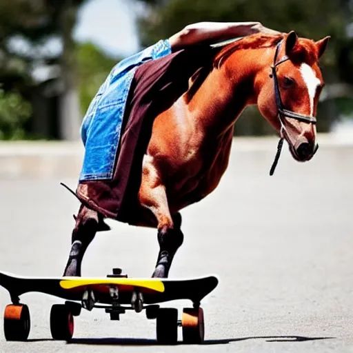 Image similar to a horse doing a kickflip on a skateboard while wearing sick 90's cool kid clothing