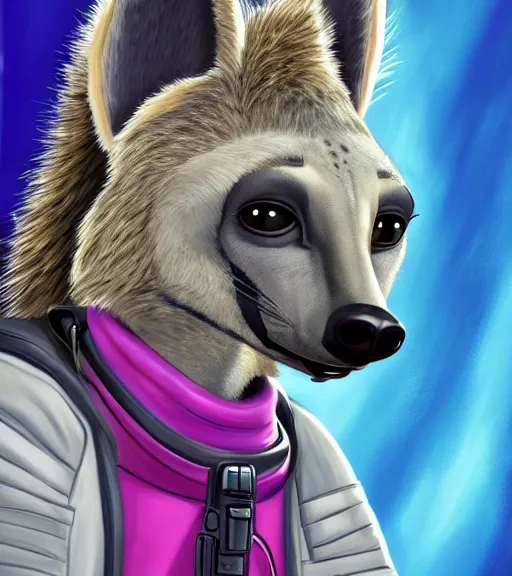 Image similar to digital detailed portrait of anthromorphic female hyena, in style of zootopia, fursona, furry, furaffinity, 4 k, deviantart, wearing astronaut outfit, in style of disney zootopia, floating in space, space background, in deep space, dark background, hyena fursona, cyberpunk, female, detailed face,